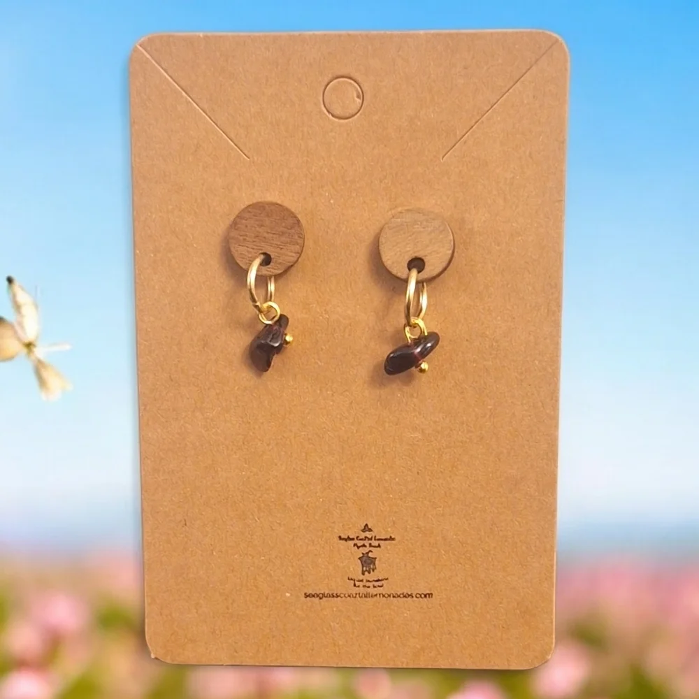 Elegant Gold Garnet Wood Drop Earrings